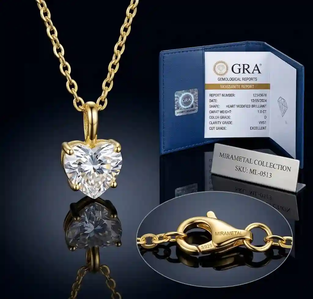 Material specification ML-0513 MIRAMETAL moissanite heart necklace GRA certificate 925 hallmark D-color VVS1 rhodium plating quality assurance