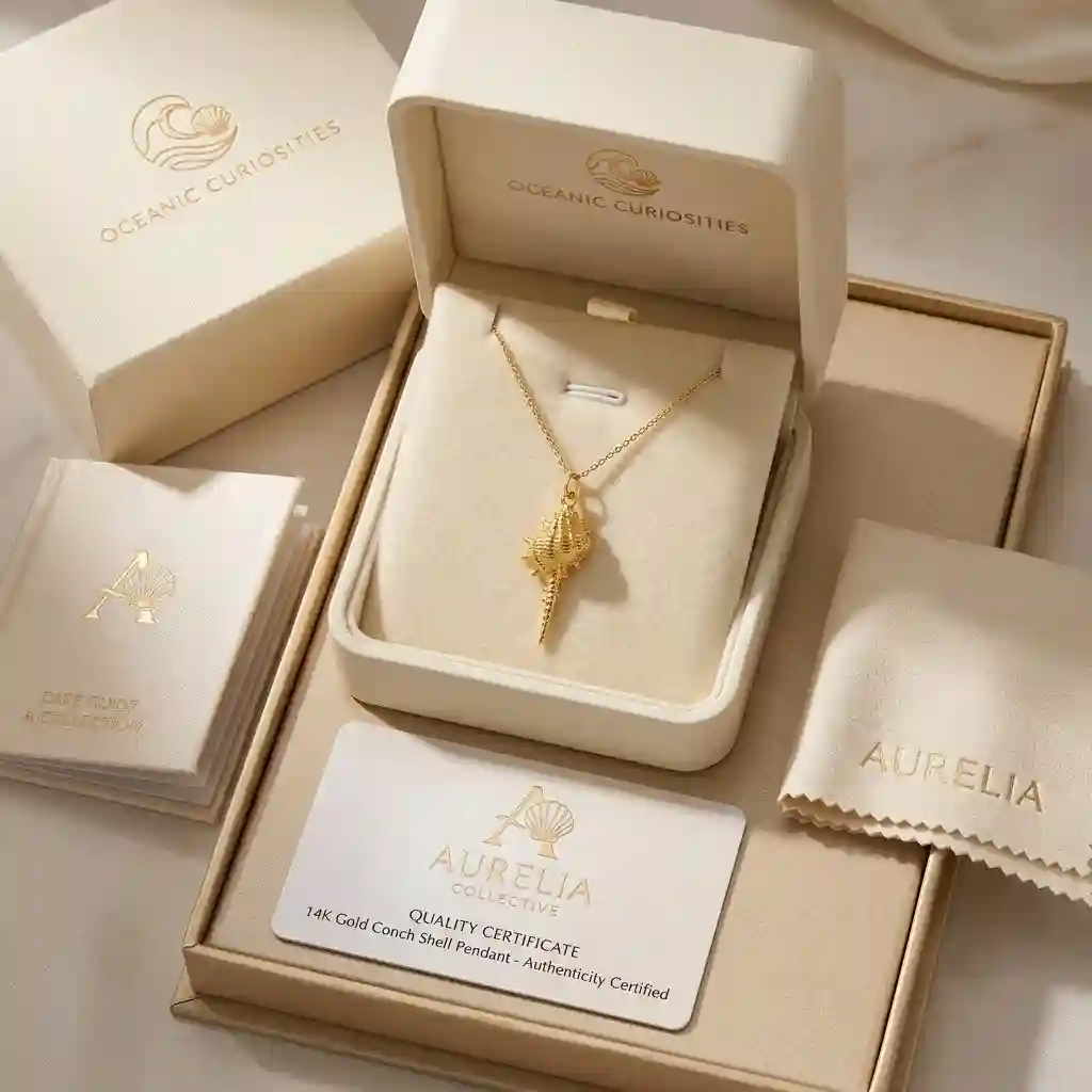 Complete luxury packaging set for 14K gold conch shell pendant necklace with box and certificate MIRAMETAL ML-18372