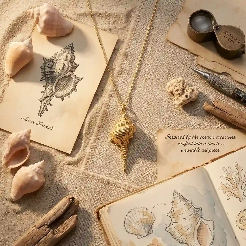 Design story of 14K gold conch shell pendant inspired by coastal treasures MIRAMETAL ML-18372