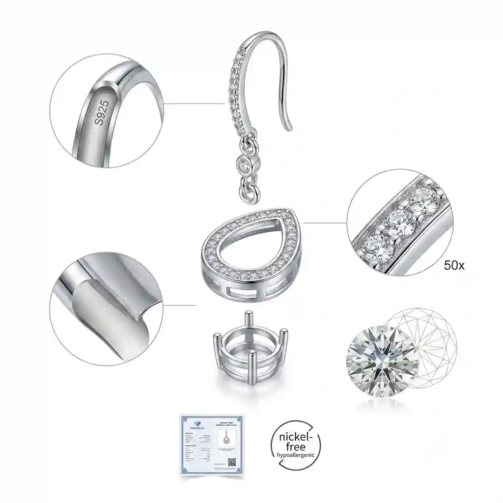 Hypoallergenic 925 silver setting for moissanite drop earrings