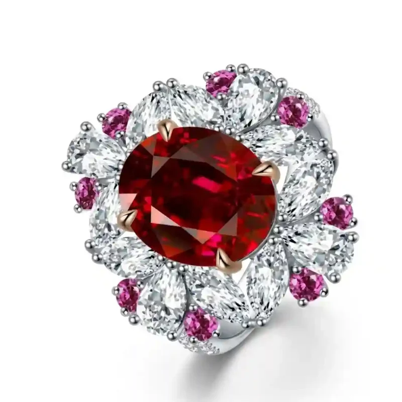 MIRAMETAL Ruby Floral Cluster Ring Oval Ruby Pear Marquise Moissanite Pink Sapphire White Gold Rose Gold Prong