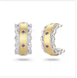 Vintage baroque C-shape earrings 18K gold plated sterling silver with purple amethyst stones milgrain edge two-tone MIRAMETAL