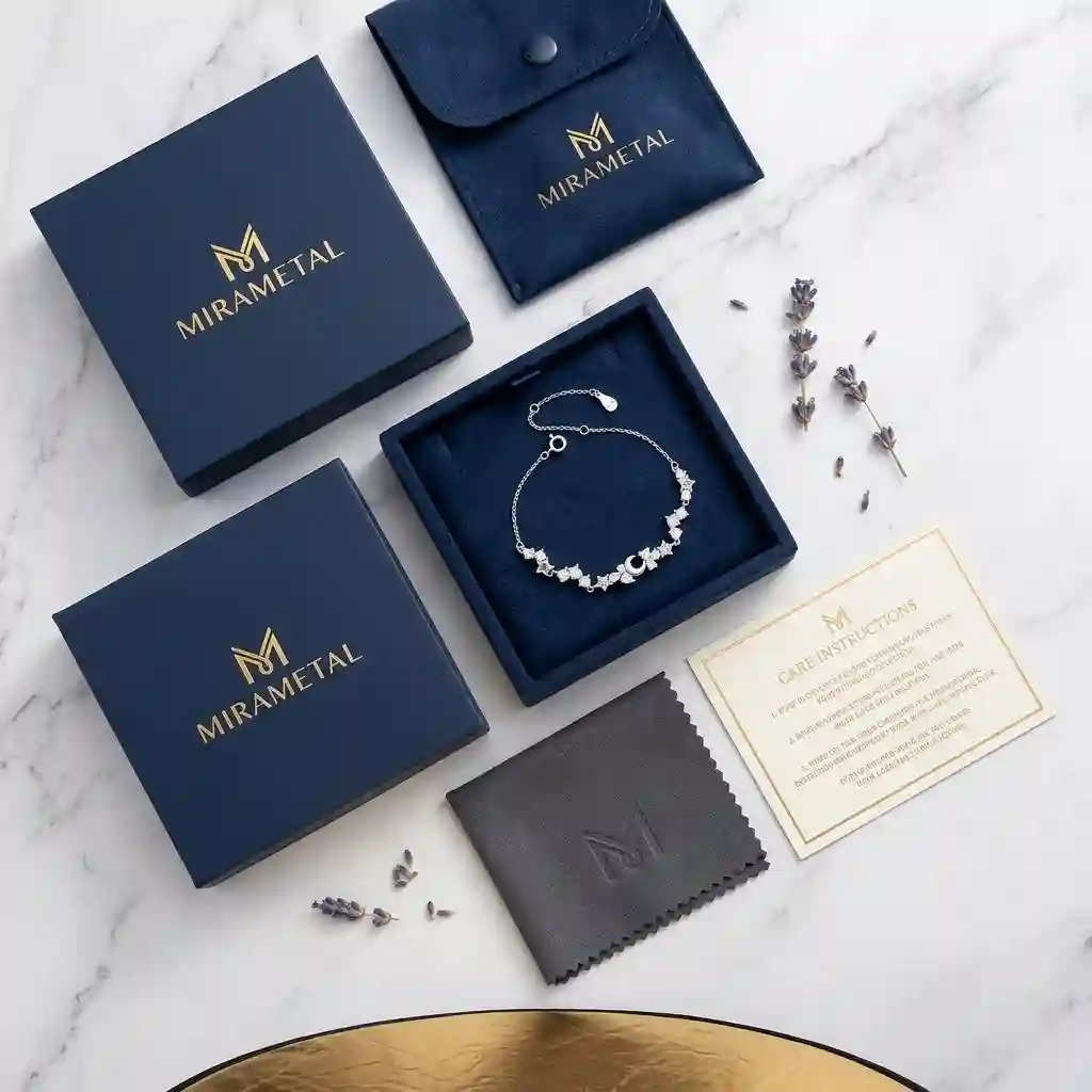 fast shipping wholesale jewelry Complete MIRAMETAL luxury unboxing of S999 silver star moon bracelet: navy velvet gift box, polishing c