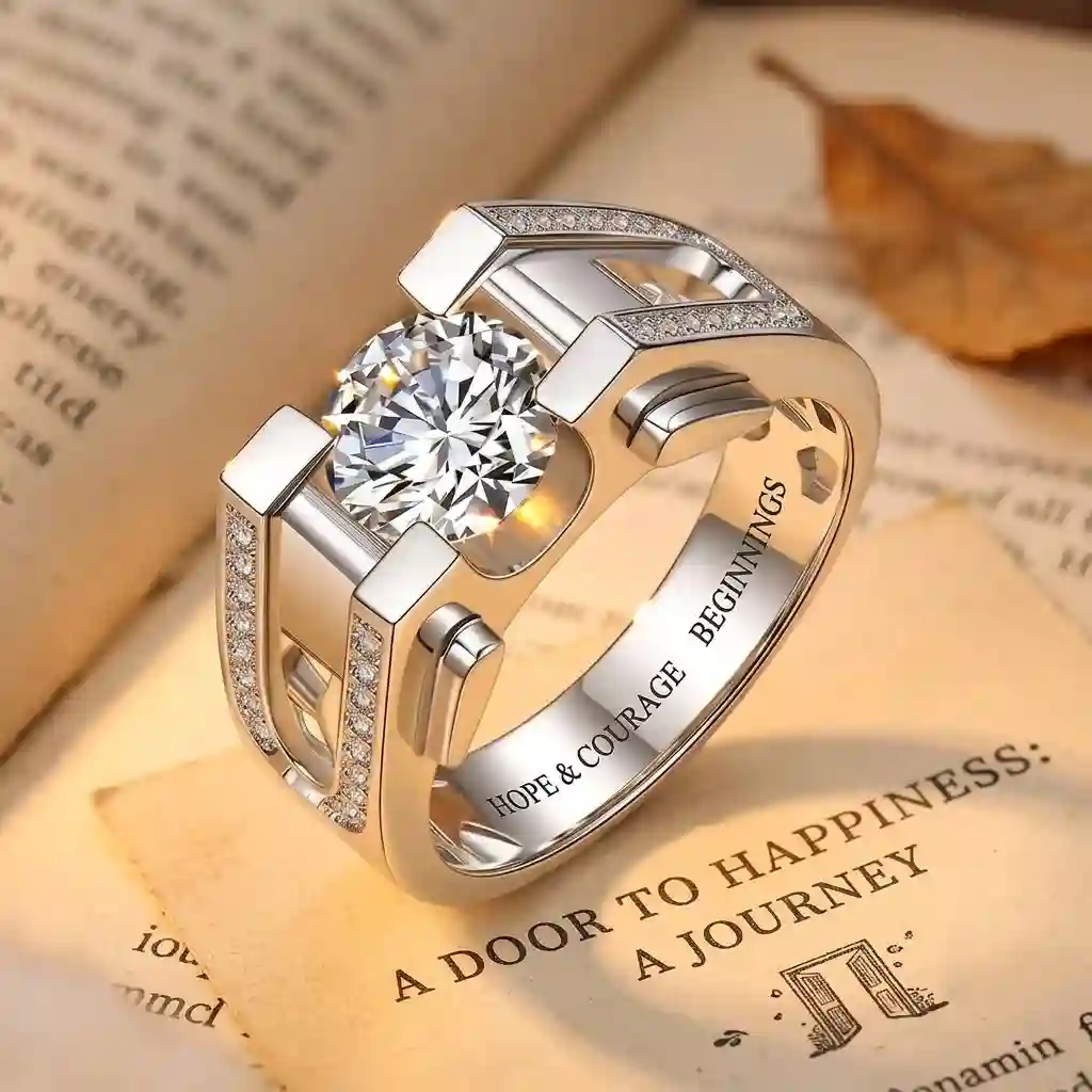 Symbolic moissanite mens ring design representing new beginnings opportunity and bold style in 925 sterling silver