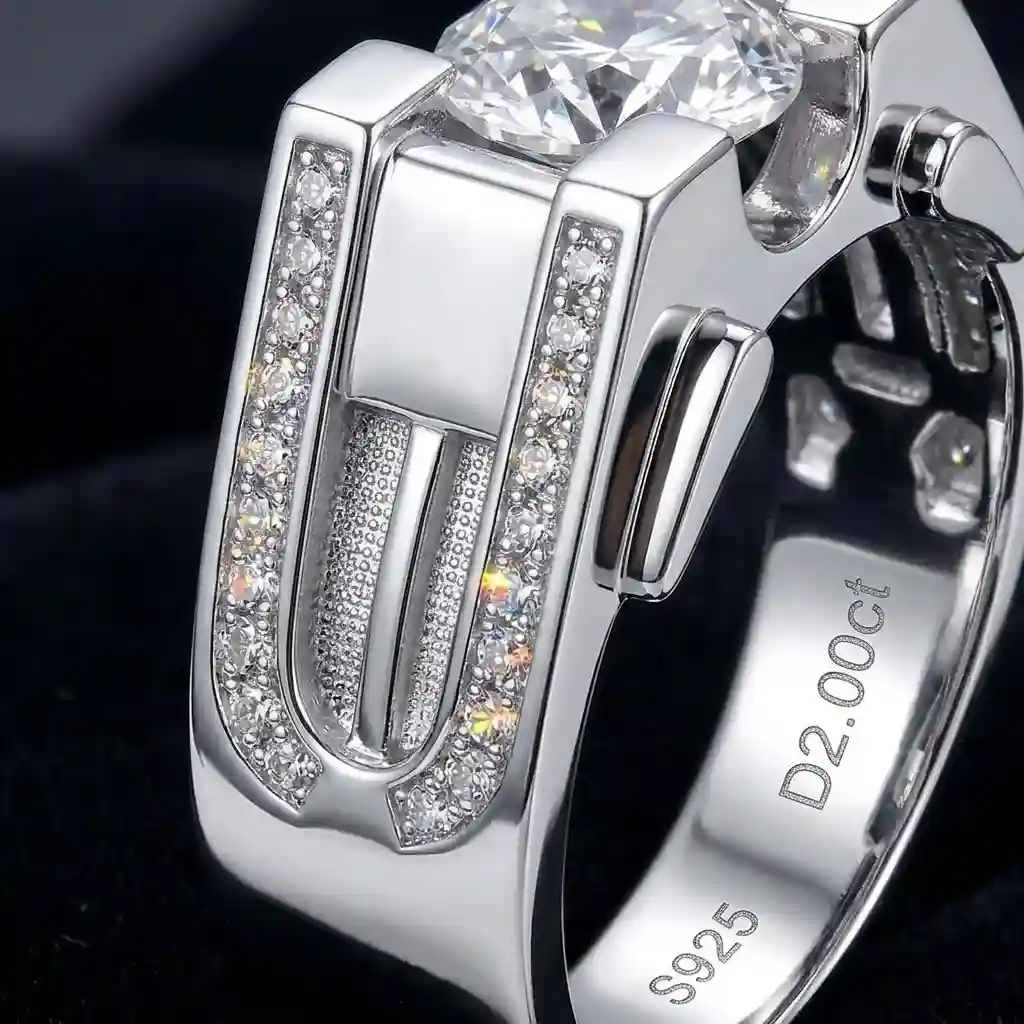 58 facet D-color VVS1 moissanite mens ring stone close-up showing micro-pave setting and brilliant cut on 925 silver band