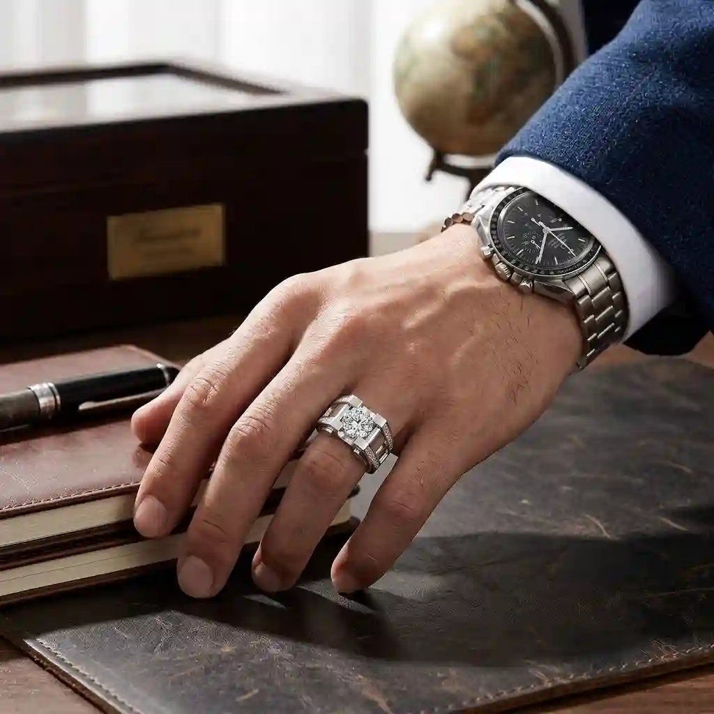 Styling guide for moissanite mens ring worn solo with clean modern outfit showing micro-pave brilliance in natural light
