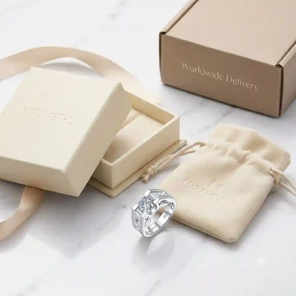 Moissanite mens ring luxury packaging with gift box and GRA certificate for wholesale and retail orders