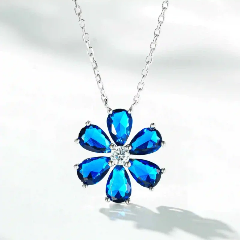 Daisy Flower Necklace 925 Sterling Silver - MIRAMETAL six-petal blue CZ flower pendant dainty silver chain featured product image