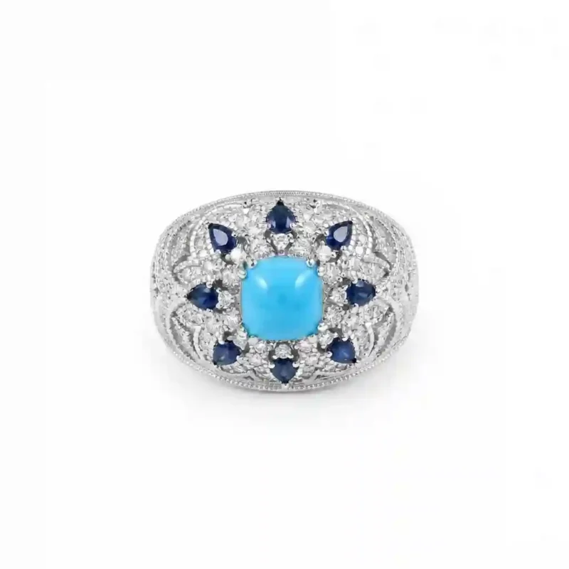 Synthetic blue turquoise ring 925 silver gold plated floral halo filigree vine MIRAMETAL