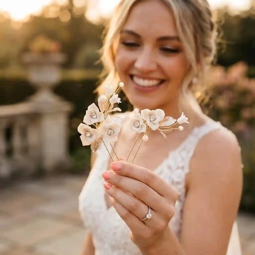 bride wearing ceramic hair fork wedding