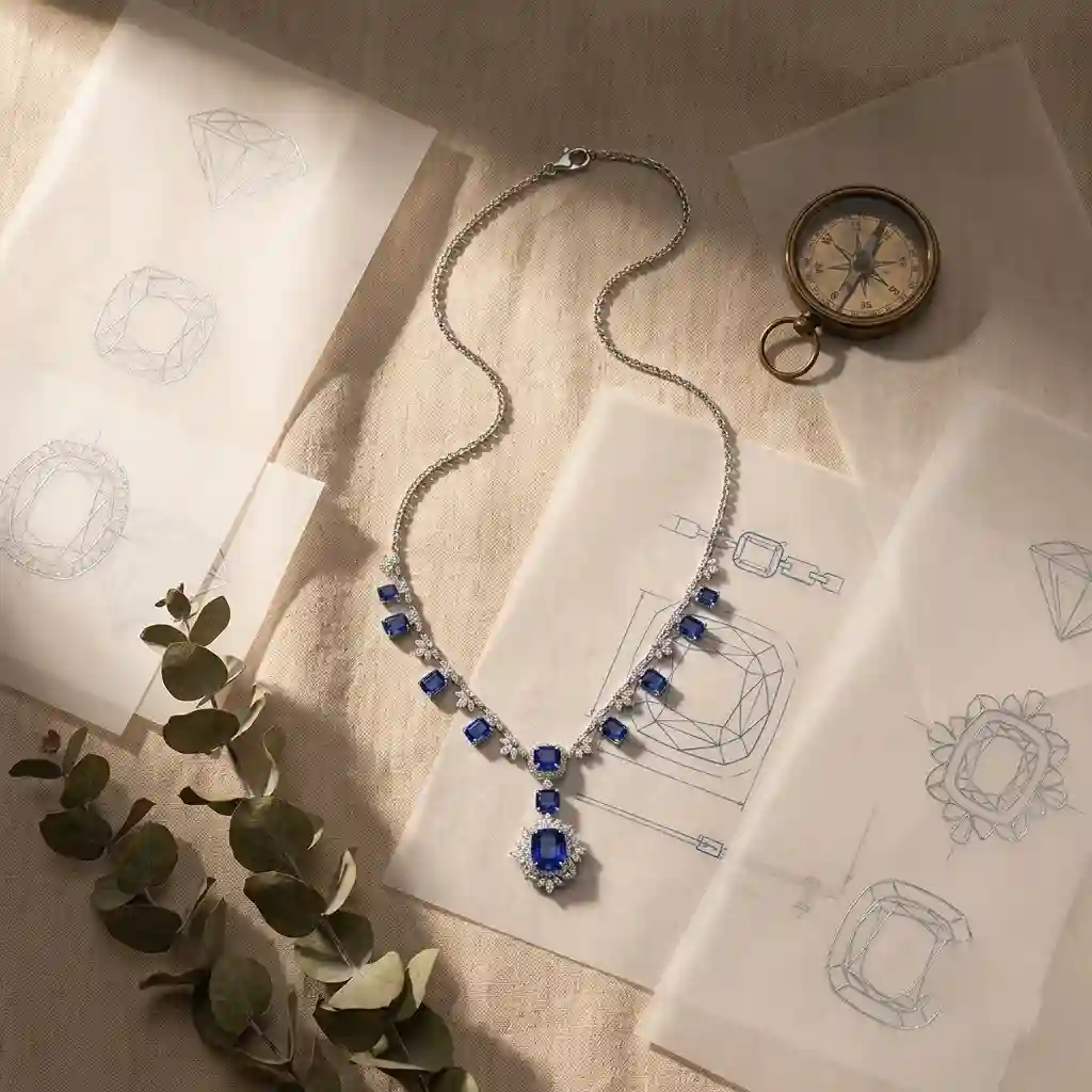 S925 Lab-Created Sapphire Jewelry Set N3-0053 luxury cushion-cut sapphire earrings necklace ring
