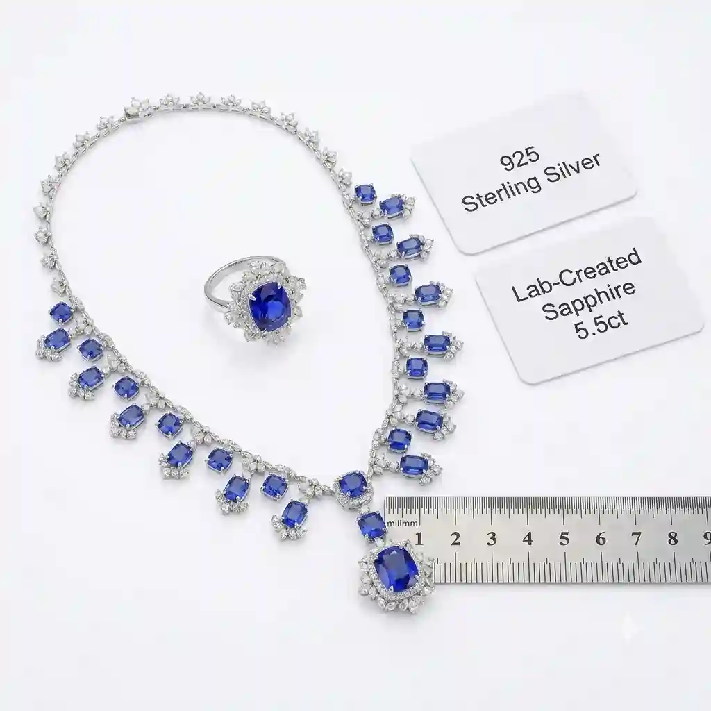 S925 Lab-Created Sapphire Jewelry Set craftsmanship detail rhodium plating inlay setting polishing