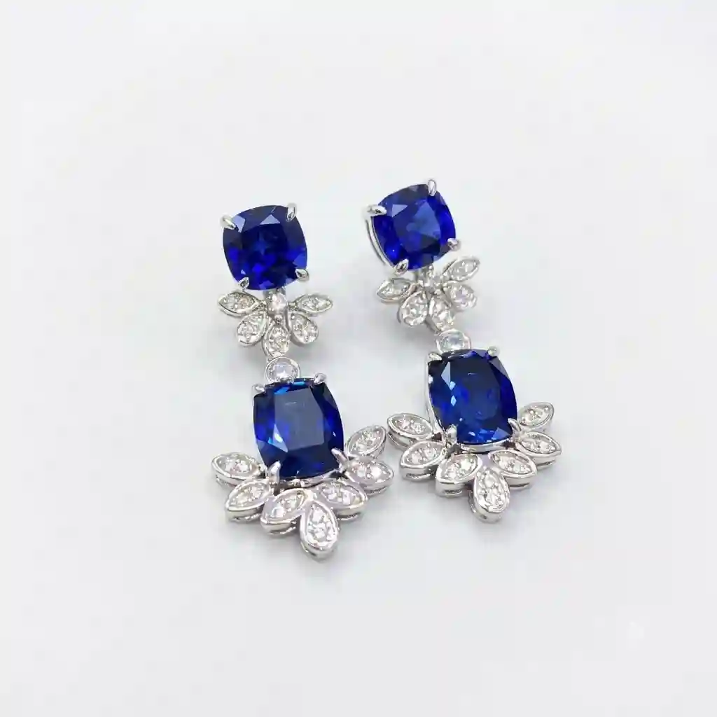 S925 Lab-Created Sapphire Jewelry Set cushion cut lab-created blue sapphire close-up detail