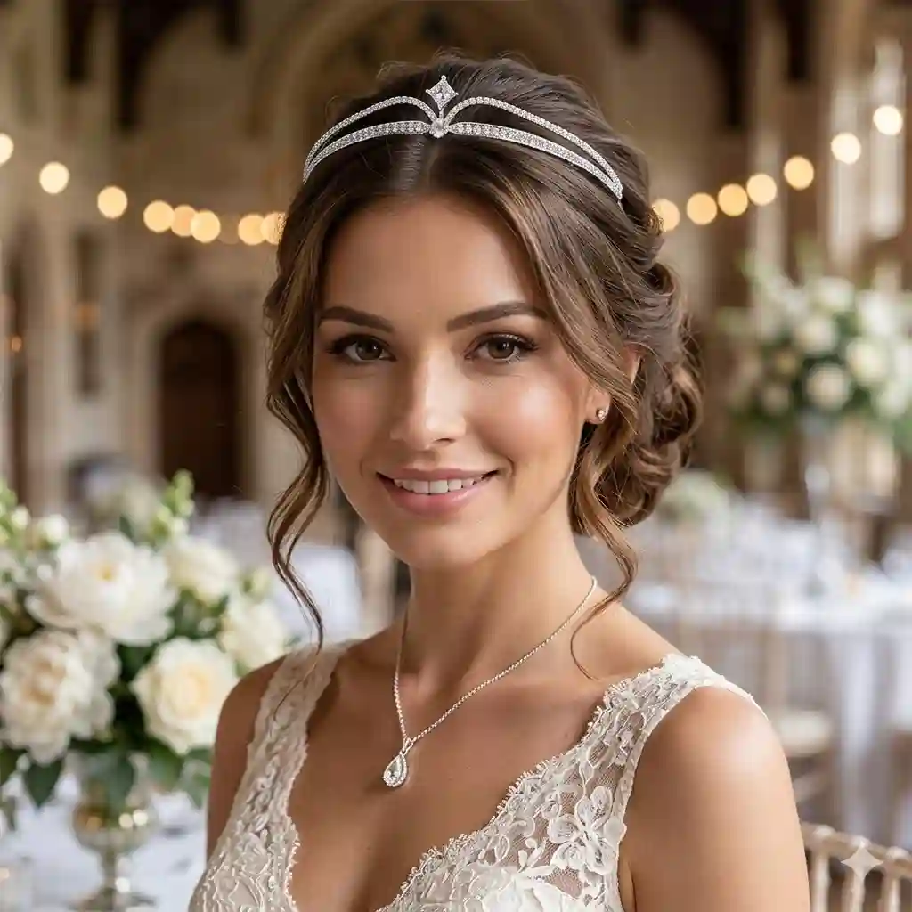 Bride wearing Vintage Crown Crystal Tiara – Wedding white quartz headpiece style