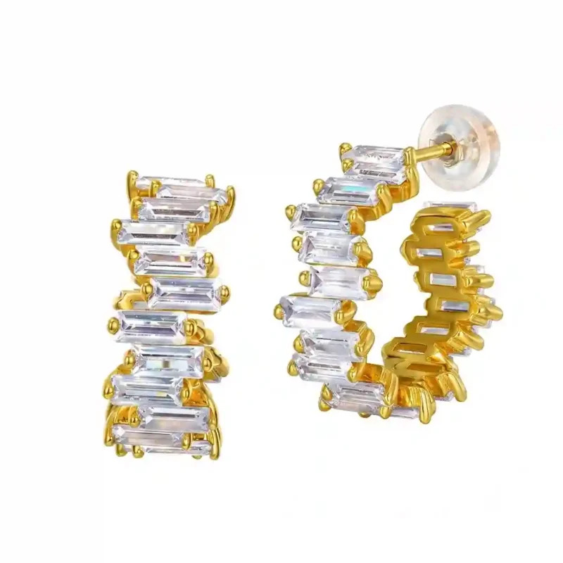 Gold geometric earrings in 925 silver with baguette CZ zig-zag design - MIRAMETAL E012387