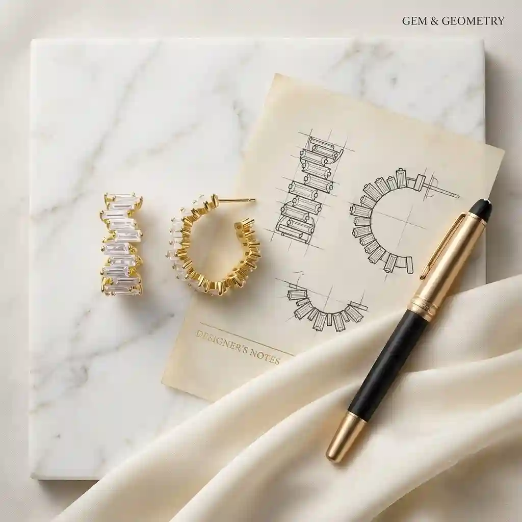 Gold geometric earrings design story with baguette CZ zig-zag setting - MIRAMETAL