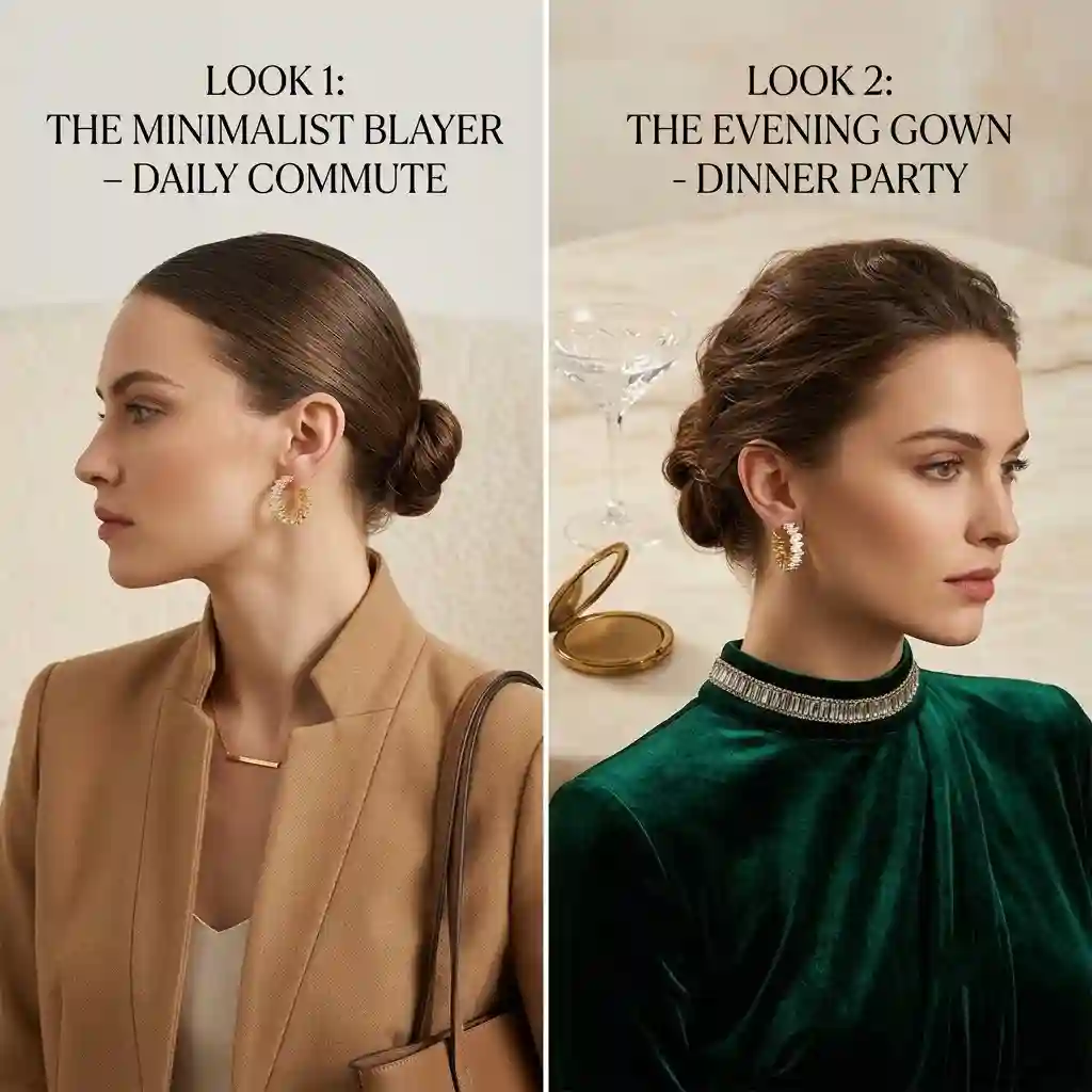 Styling guide for gold geometric earrings with casual and evening outfits