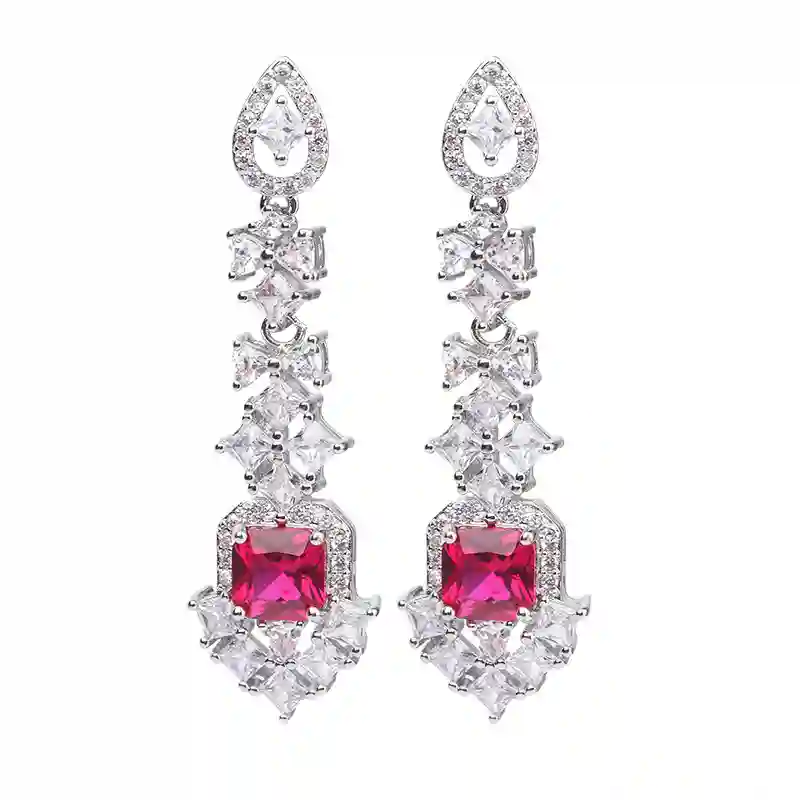 Cascading Geometric Drop Earrings - Square Ruby 925 Silver