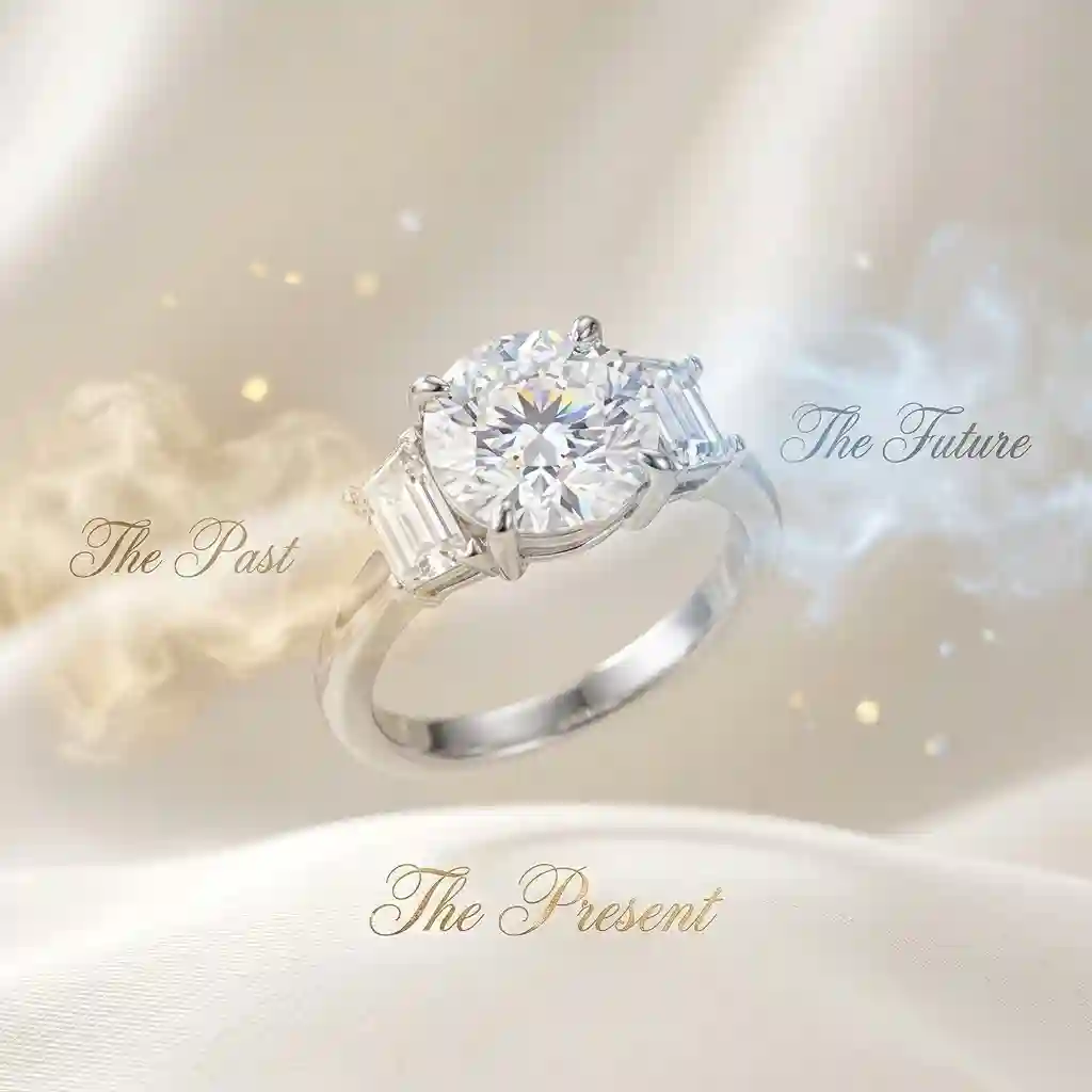 Three stone moissanite ring design past present future 3 carat moissanite
