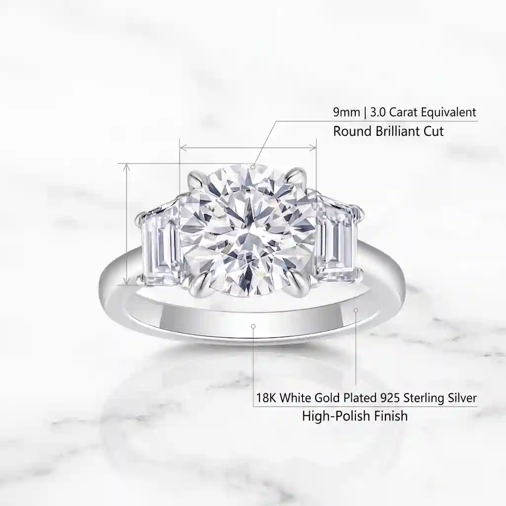 Moissanite and 925 sterling silver material specification for three stone ring ML-15516