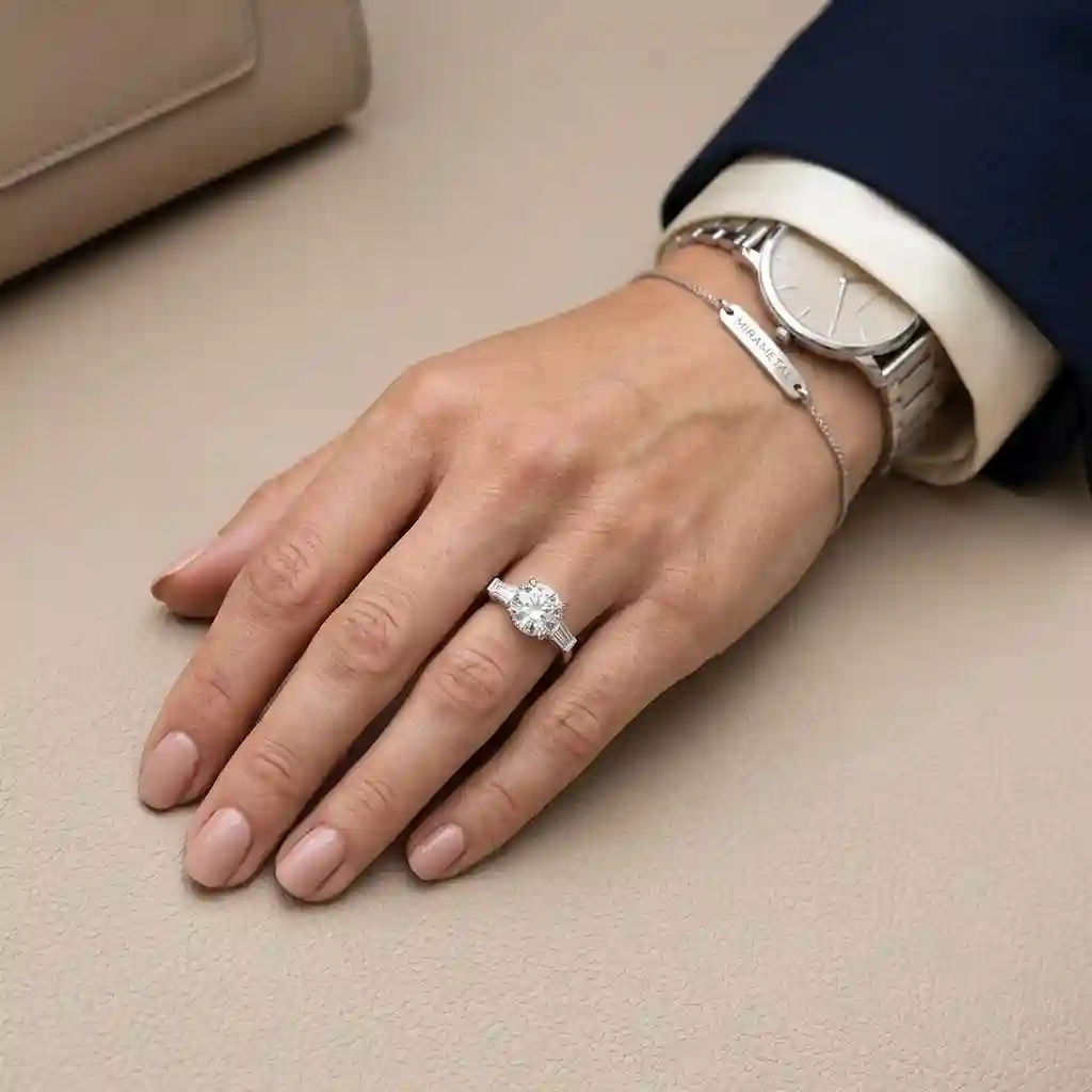 Styling guide for MIRAMETAL three stone moissanite ring with modern minimalist fashion