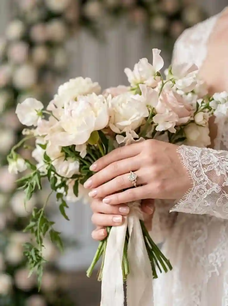 Bridal styling with floral drop moissanite ring