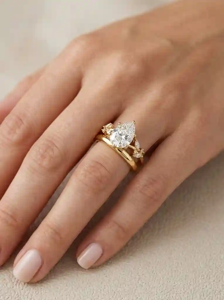 Styling guide for floral drop moissanite ring stacked