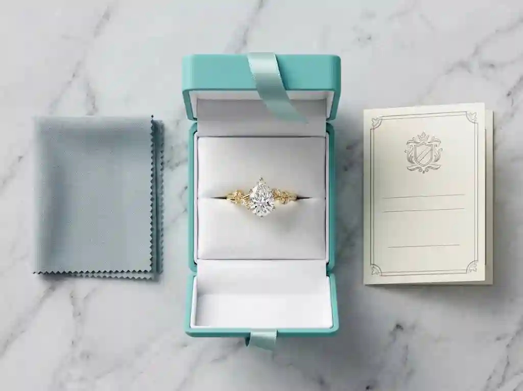 Luxury packaging for floral drop moissanite ring