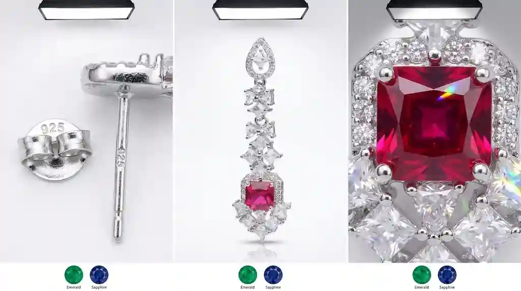 Cascading drop earrings ruby center diamond halo MIRAMETAL
