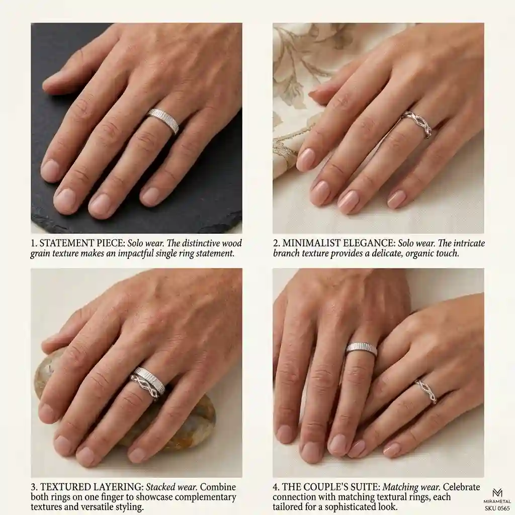 Fingerprint ring styling guide - how to wear wood grain and branch rings alone together or stacked — MIRAMETAL