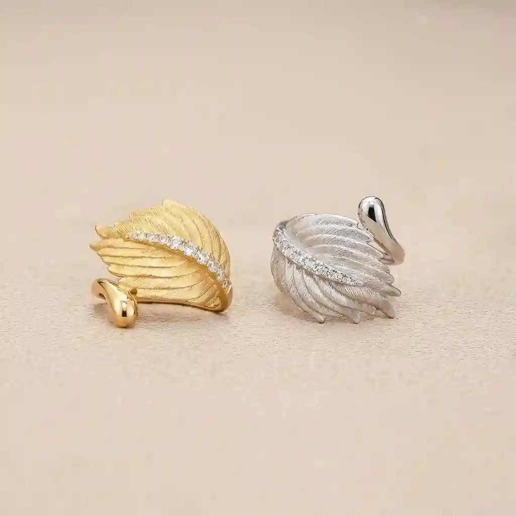 MIRAMETAL ML-0066 Brushed Feather Ring color comparison K-Gold 18K plated vs K-White Rhodium plated 925 silver