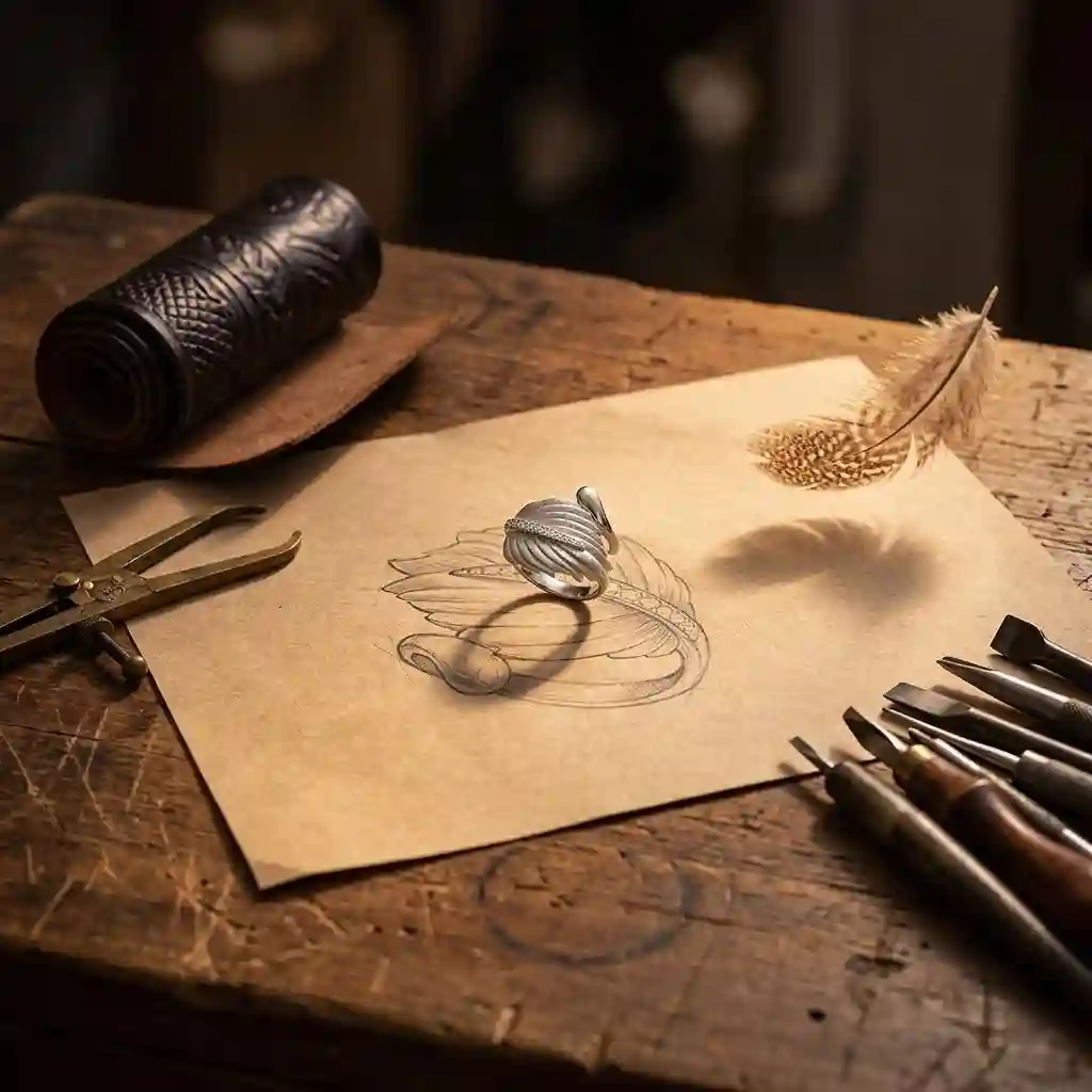 MIRAMETAL ML-0066 Brushed Feather Ring design story floating feather inspiration hand sketch Guangzhou studio 925 silver
