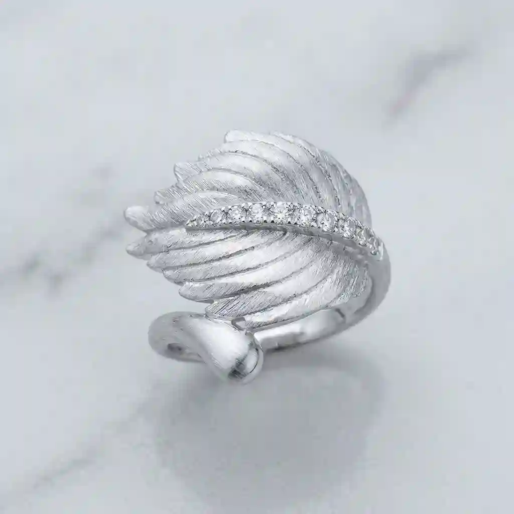 MIRAMETAL ML-0066 Brushed Feather Ring K-White Rhodium Plated 925 Silver Open Wave Design Hand-Brushed Texture Light Luxury Jewelry