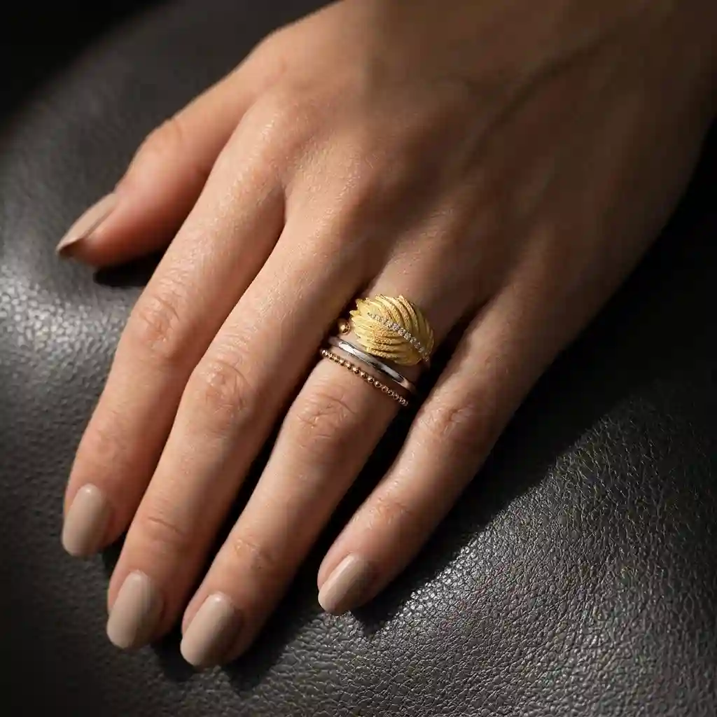 MIRAMETAL ML-0066 Brushed Feather Ring stackable styling guide layering 925 silver open ring fashion pairing