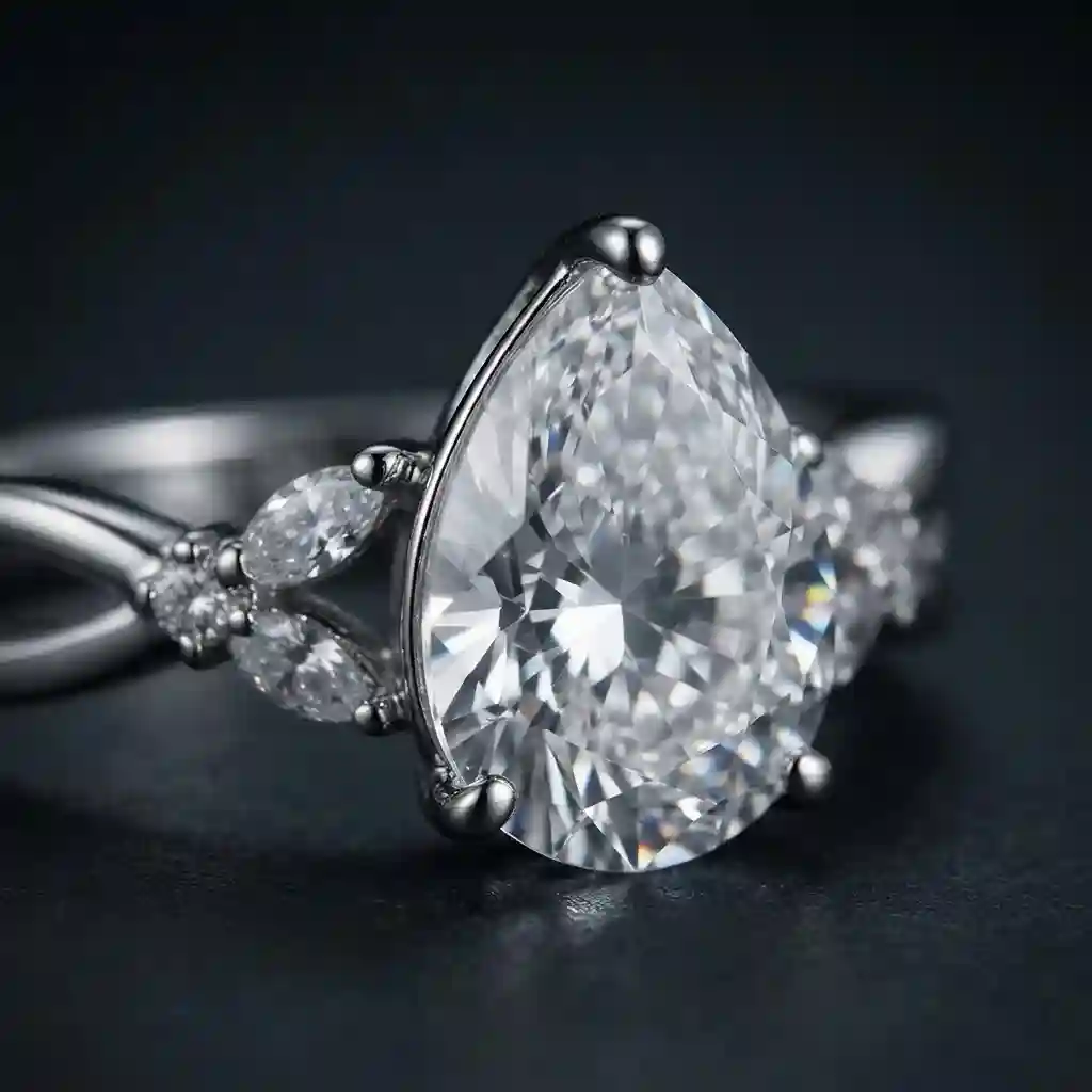 Extreme macro of marquise moissanite D-color VVS1 and pavé band setting – MIRAMETAL detail - marquise moissanite ring