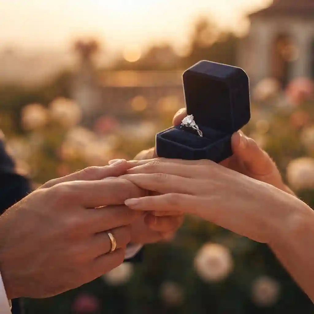 Romantic proposal scene with marquise moissanite ring – engagement love story