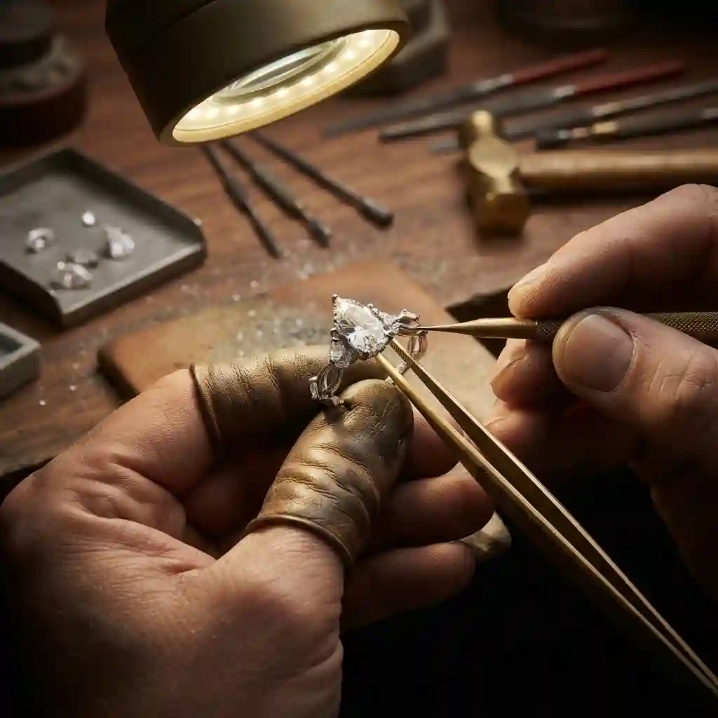 Artisan hand-setting pavé stones on marquise moissanite ring – MIRAMETAL craftsmanship