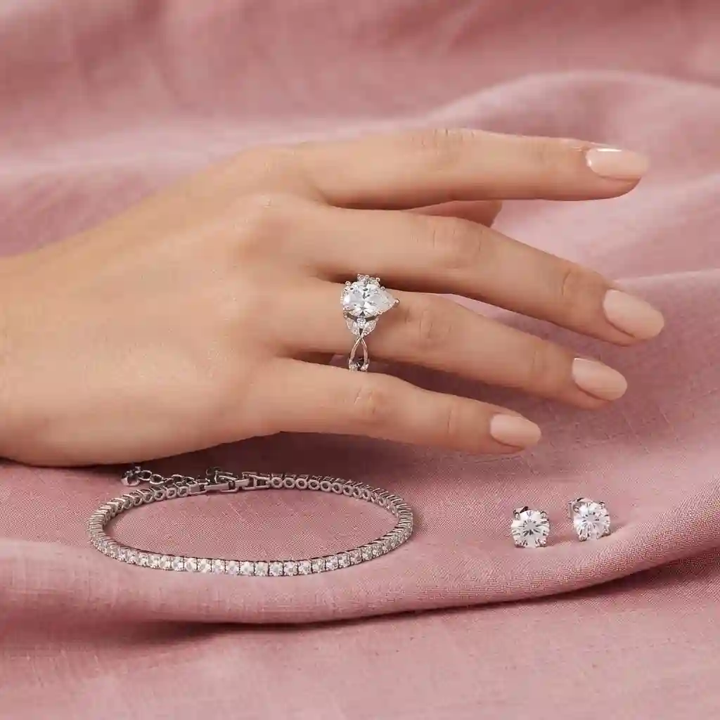 Styling guide – marquise moissanite ring paired with bracelet and earrings
