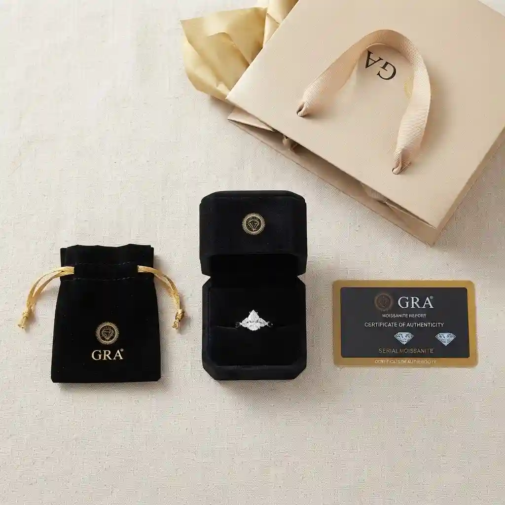 Complete packaging set for marquise moissanite ring – box, bag, certificate