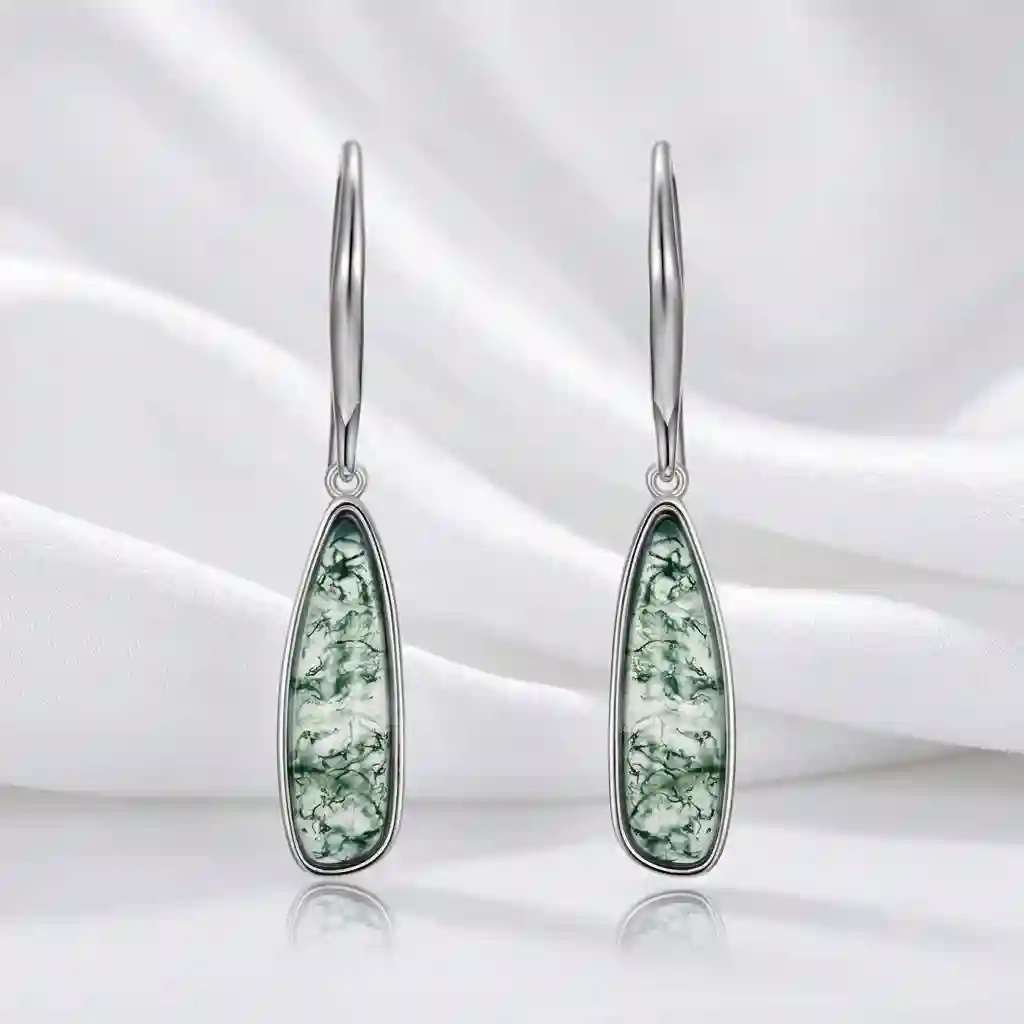 MIRAMETAL ML-025194 Green Moss Agate Teardrop Earrings French Wire Hook 925 Silver Natural Inclusions Drop Earrings - moss stone earrings
