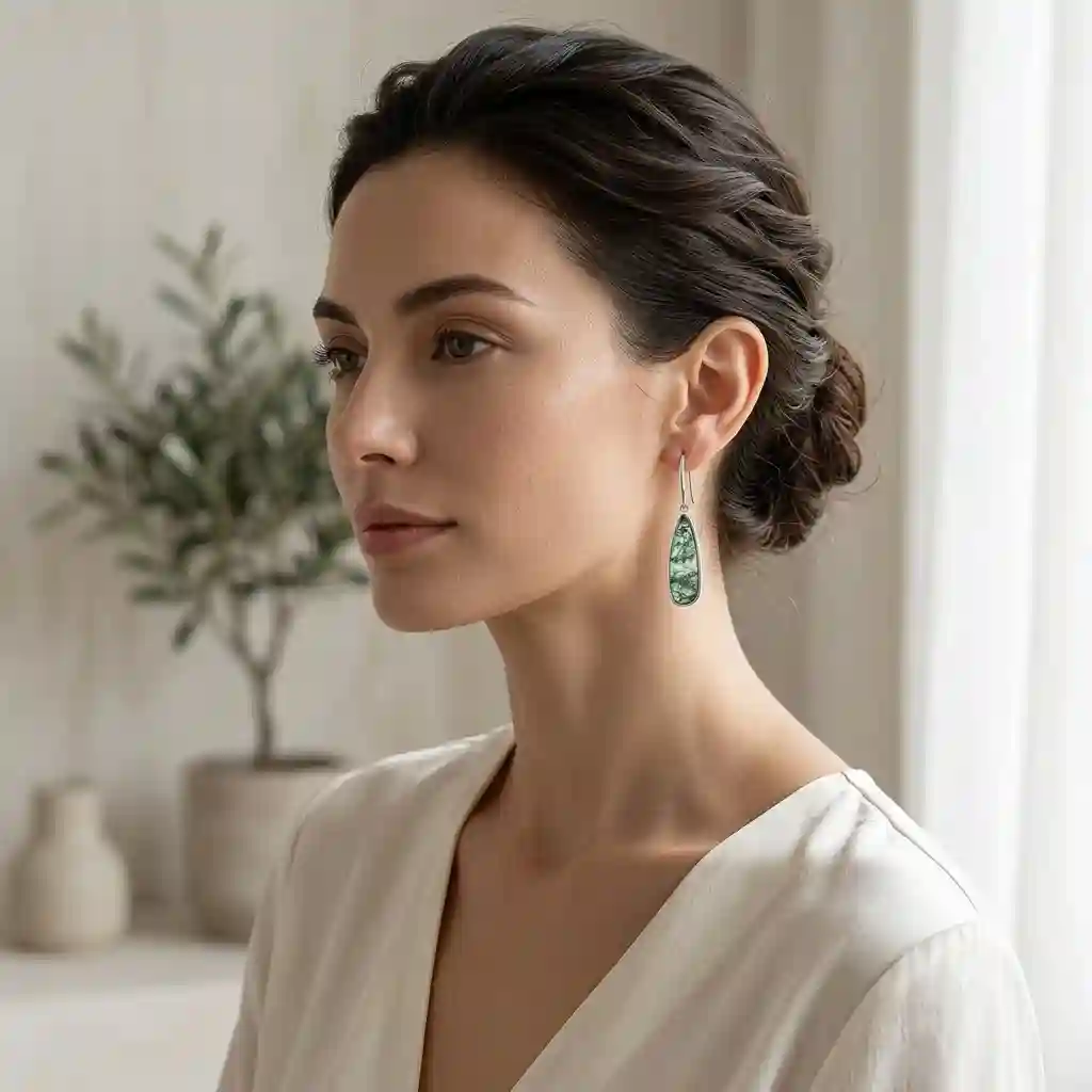 Elegant woman wearing MIRAMETAL ML-025194 green moss agate teardrop earrings drop earrings natural elegant daily luxury - moss stone earrings