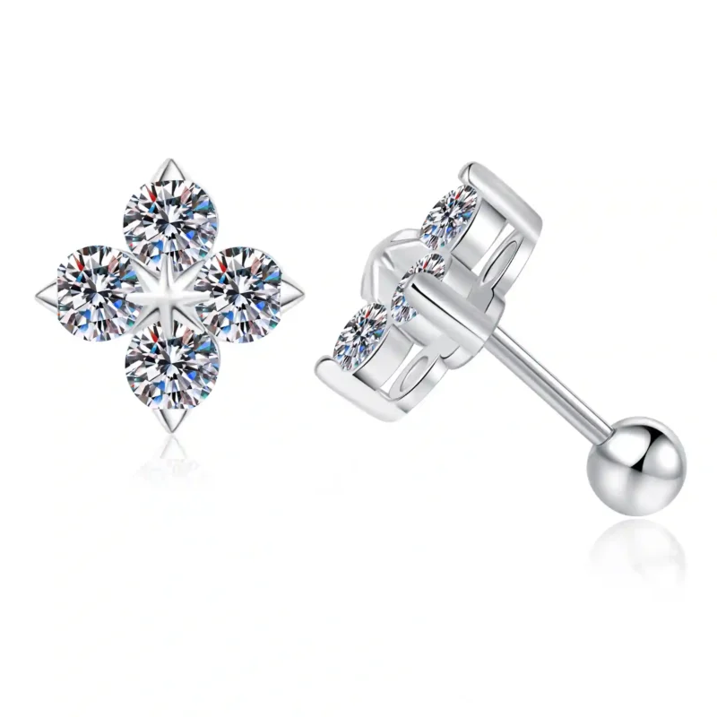 Four Leaf Clover Stud Earrings - 925 Silver CZ