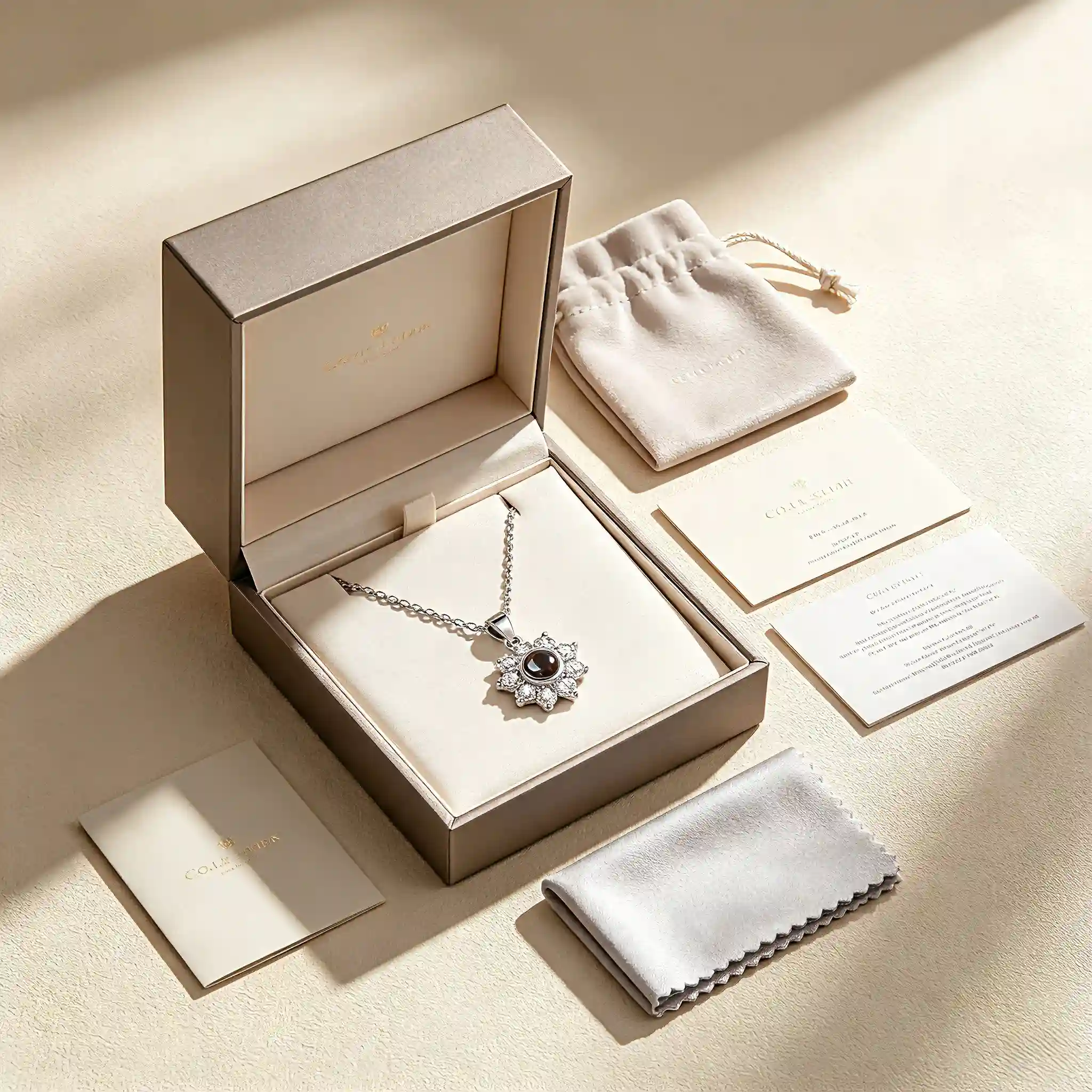 Complete luxury packaging set for 925 silver photo projection flower pendant necklace including gift box and pouch MIRAMETAL