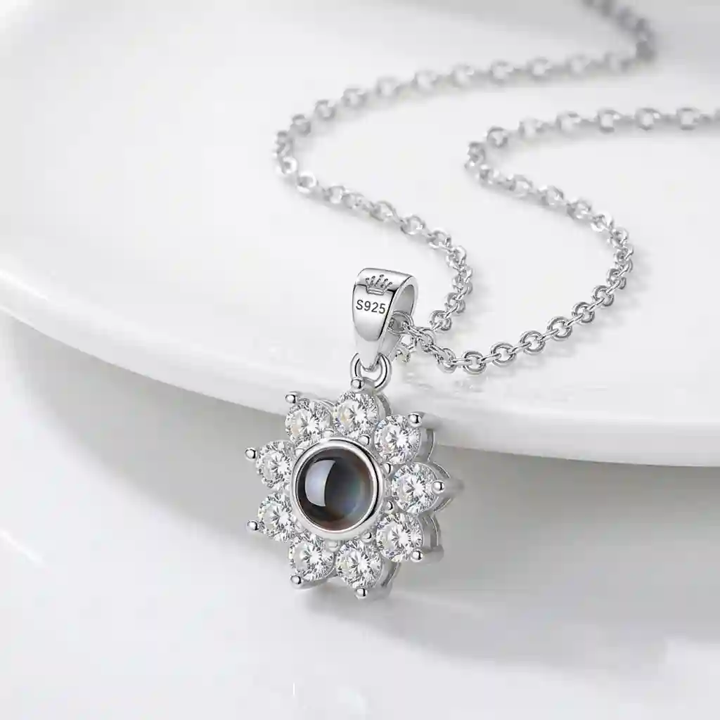 Custom photo projection flower pendant necklace 925 silver white gold finish personalized memory jewelry MIRAMETAL - projection pendant necklace