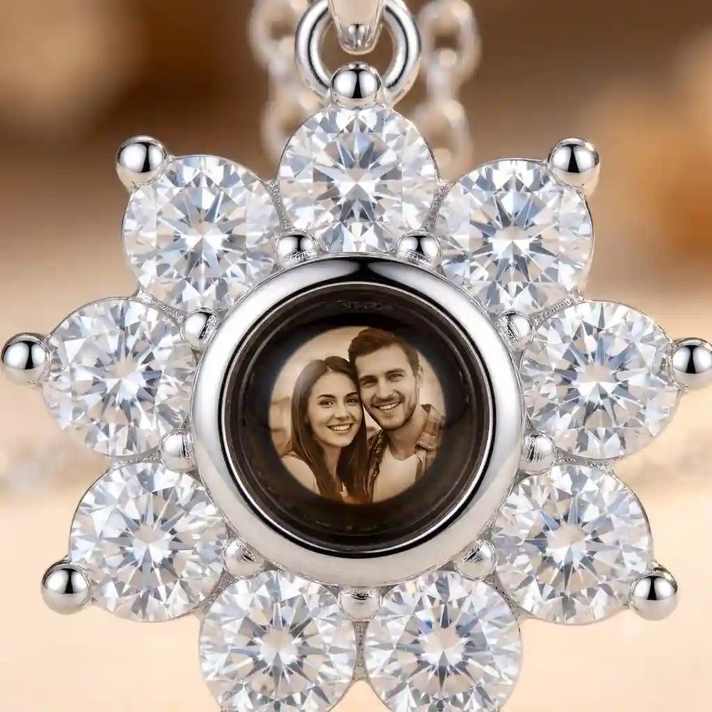 Macro close-up 925 silver photo projection flower pendant 8 clear CZ stones custom photo lens S925 stamp MIRAMETAL - projection pendant necklace
