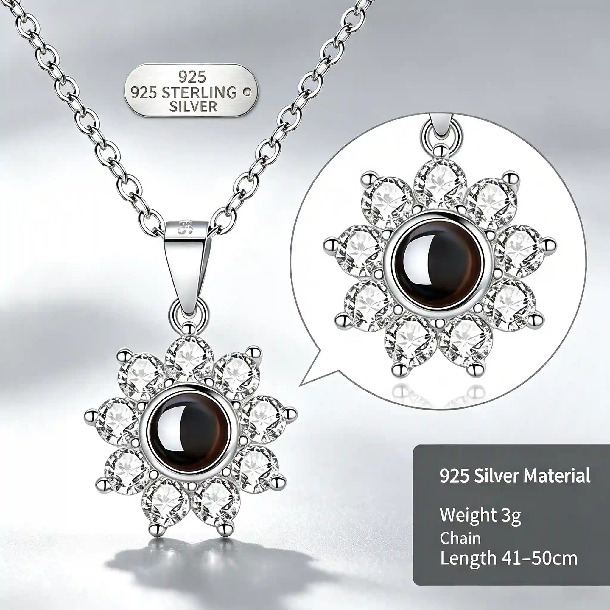 925 sterling silver material specification detail of photo projection flower pendant S925 stamp CZ stones MIRAMETAL