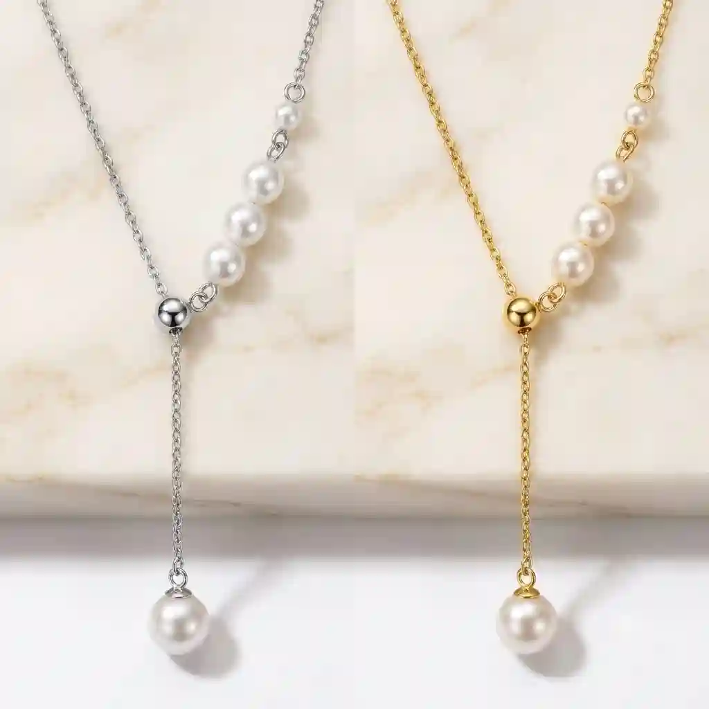wholesale pearl jewelry Pearl tassel Y-shaped necklace color comparison white gold gold 925 silver MIRAMETAL finish options