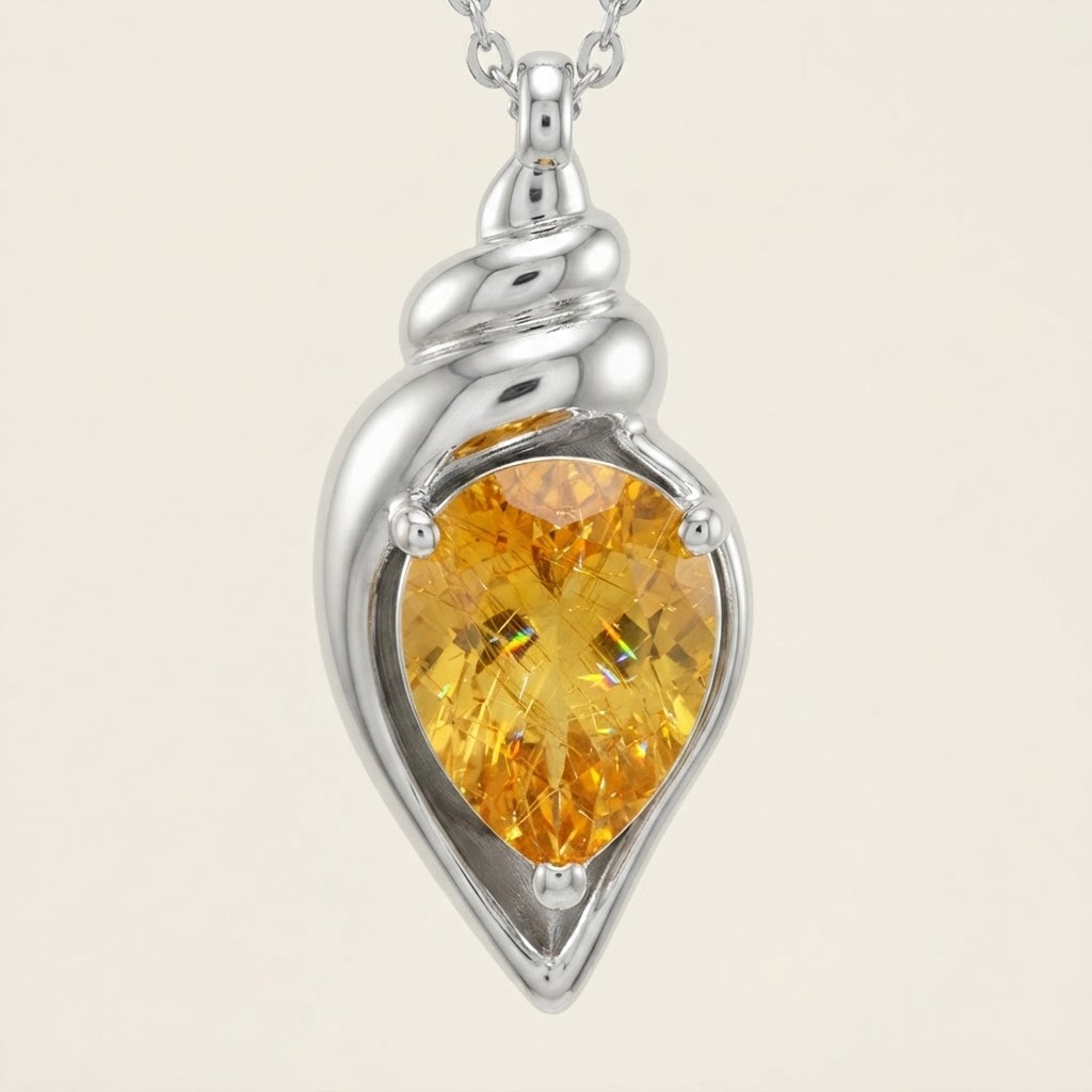 Macro closeup shell pendant necklace natural gemstone pear cut 6x8mm four-prong setting sculpted conch detail MIRAMETAL ML-0485