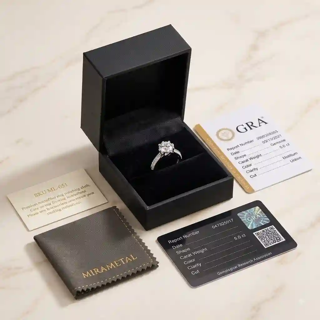Complete packaging set ML-051 MIRAMETAL 5-carat moissanite engagement ring GRA certificate polishing cloth luxury gift box bridal jewelry set