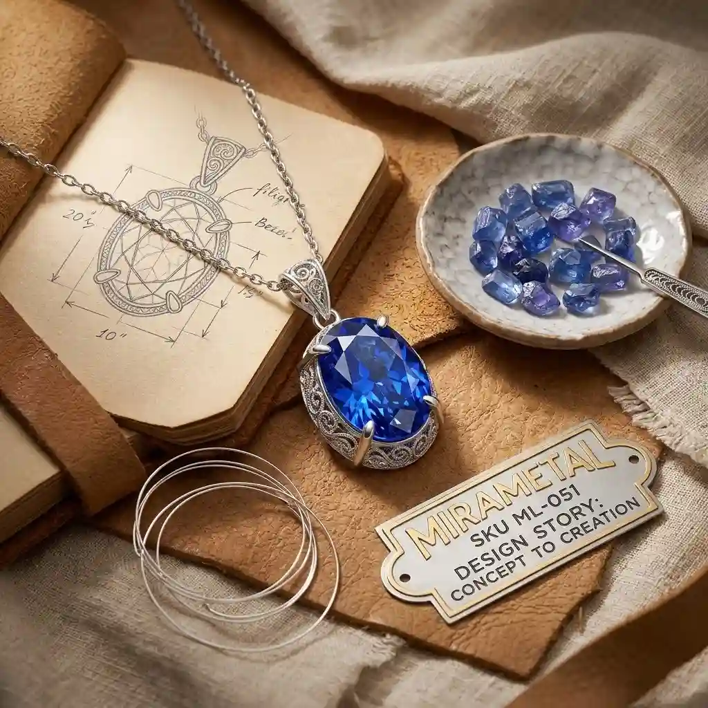 Design story ML-051 MIRAMETAL natural sapphire filigree pendant necklace inspired by intricate silver wirework and timeless elegance